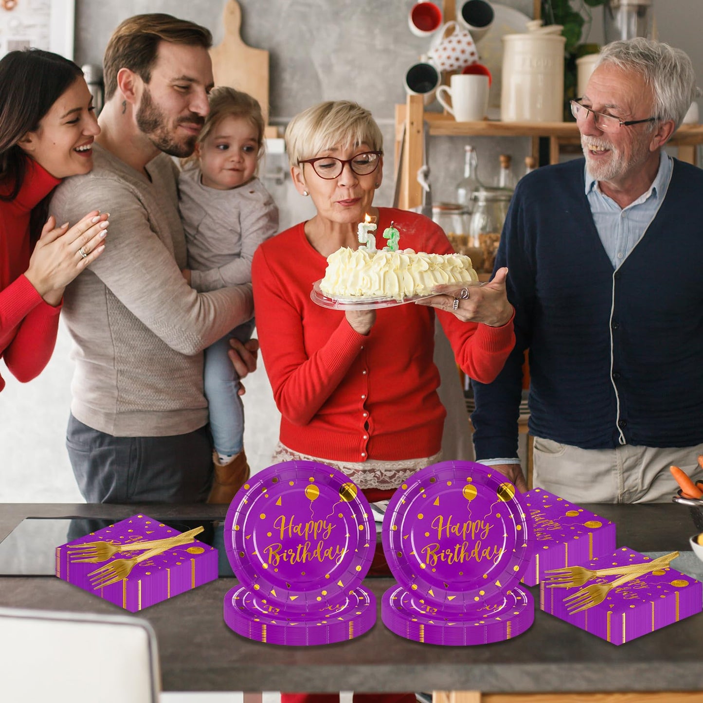 75Pcs Happy Birthday Purple Glod Paper Plates and Napkins Party Supplies Set,Purple Disposable Plates Party Supplies Includes Paper Napkins Forks Decorations for Birthday,Wedding,Christmas,Serves 25