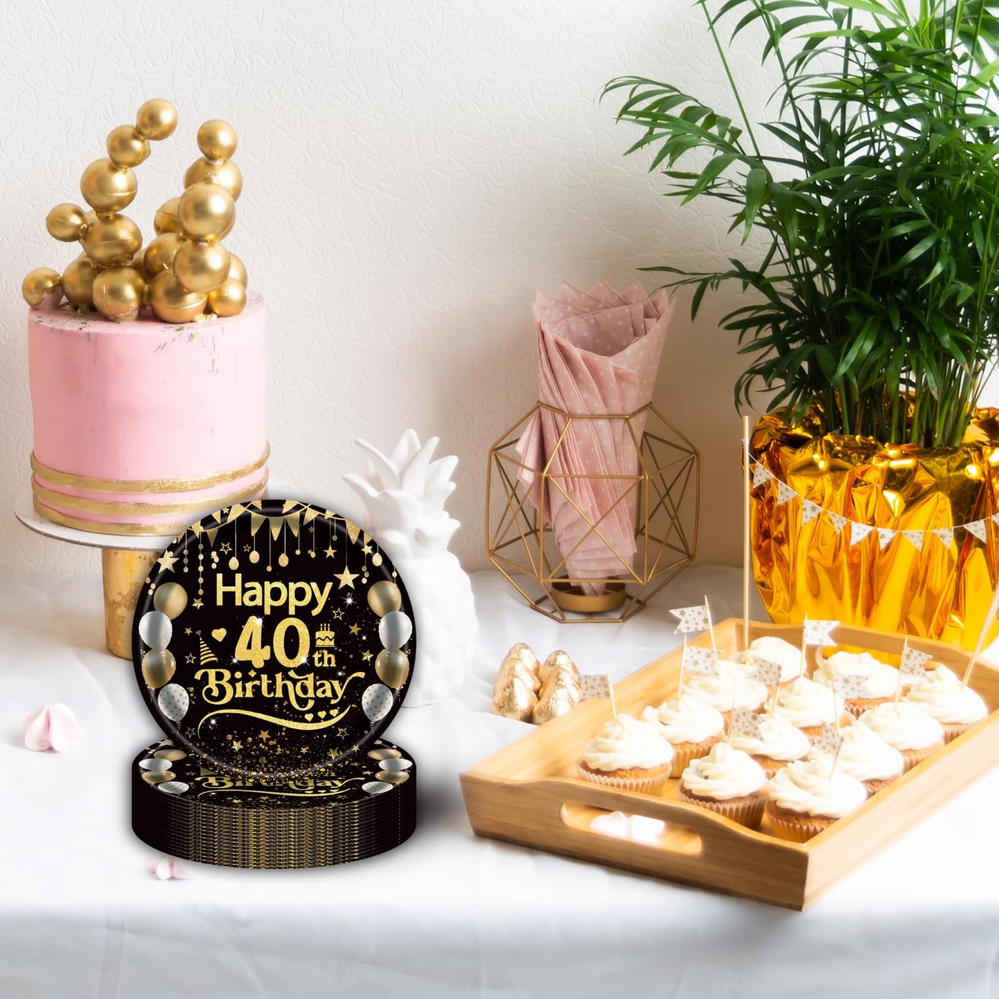 50Pcs 40th Birthday Paper Plates, 9 Inch Black and Gold Disposable Dessert Plates for Men and Women, 40th Birthday and Wedding Party