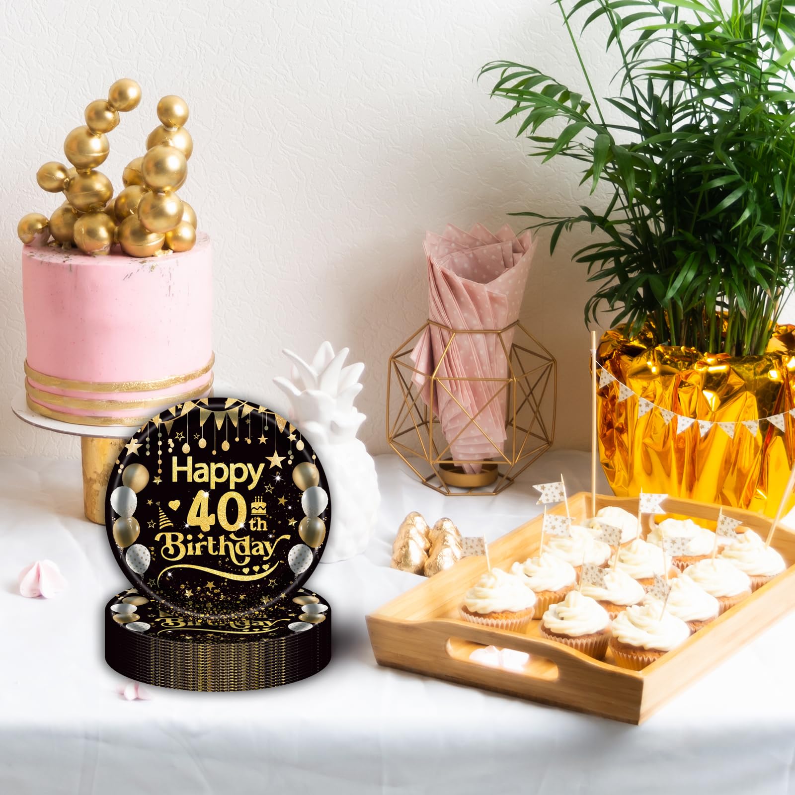 50Pcs 40th Birthday Paper Plates, 9 Inch Black and Gold Disposable Dessert Plates for Men and Women, 40th Birthday and Wedding Party