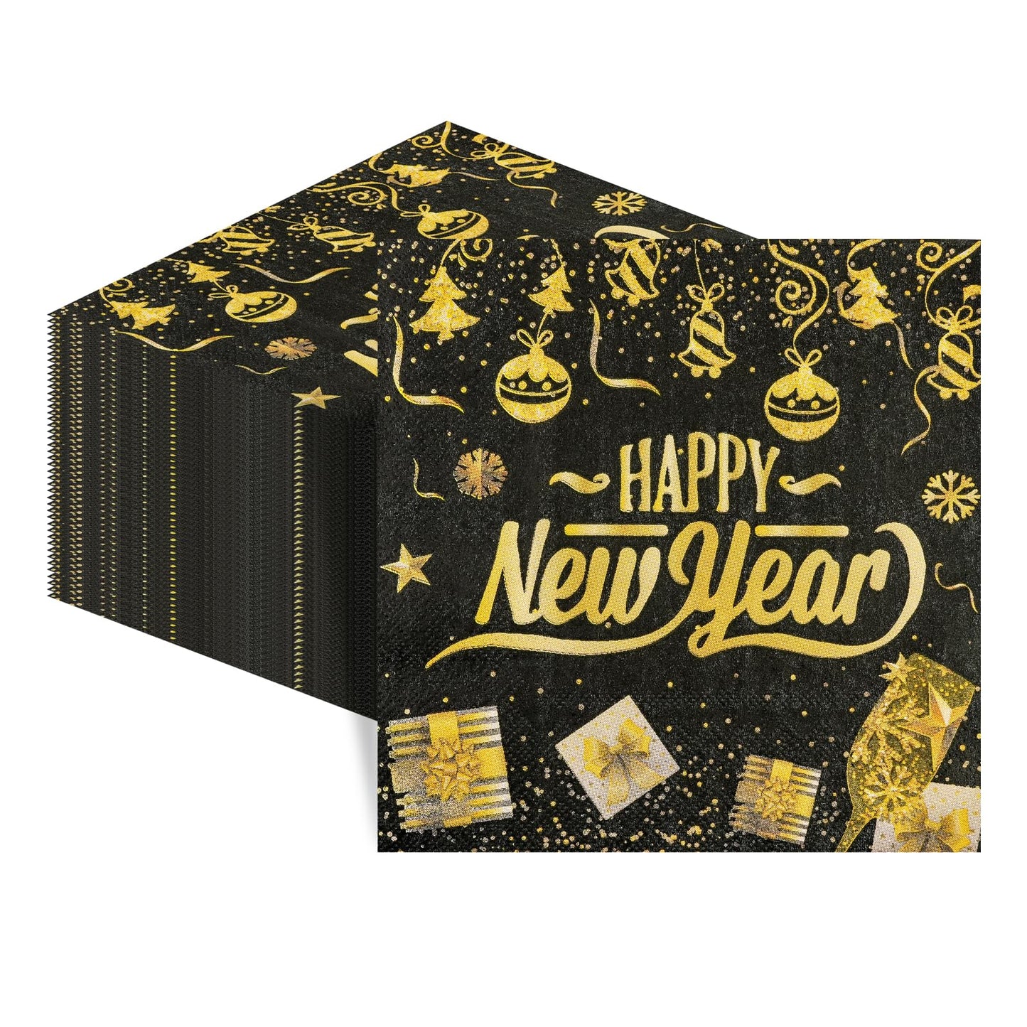 50Pcs New Year Napkins,Happy New Black Gold Foil Firework Disposable Guest Hand Towel Year Napkins Eve Party Supplies for 2026 Party Decorations