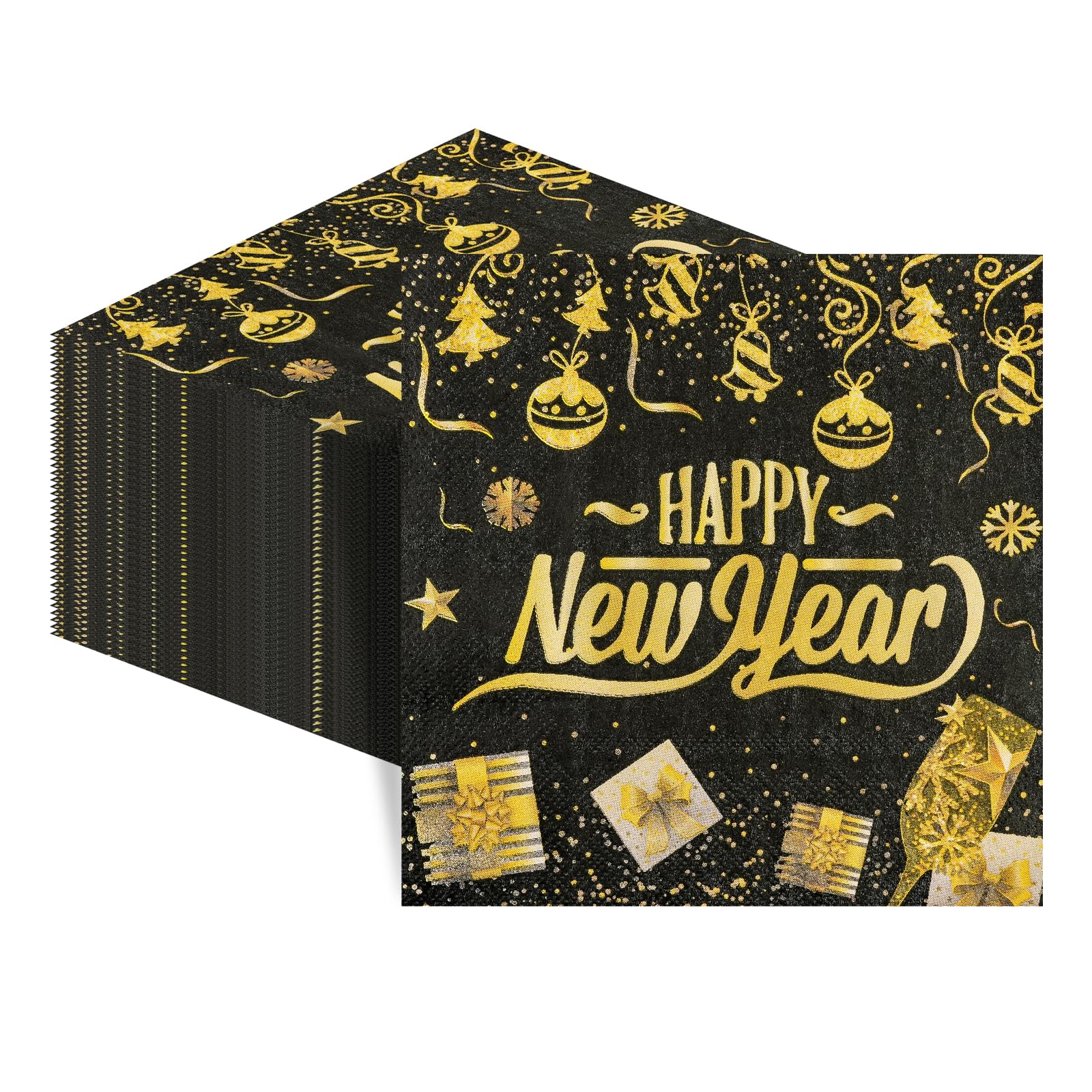 50Pcs New Year Napkins,Happy New Black Gold Foil Firework Disposable Guest Hand Towel Year Napkins Eve Party Supplies for 2026 Party Decorations
