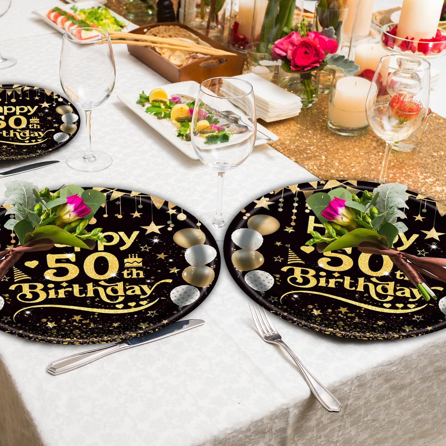 50Pcs 50th Birthday Paper Plates, 9 Inch Black and Gold Disposable Dessert Plates for Men and Women, 50th Birthday and Wedding Party