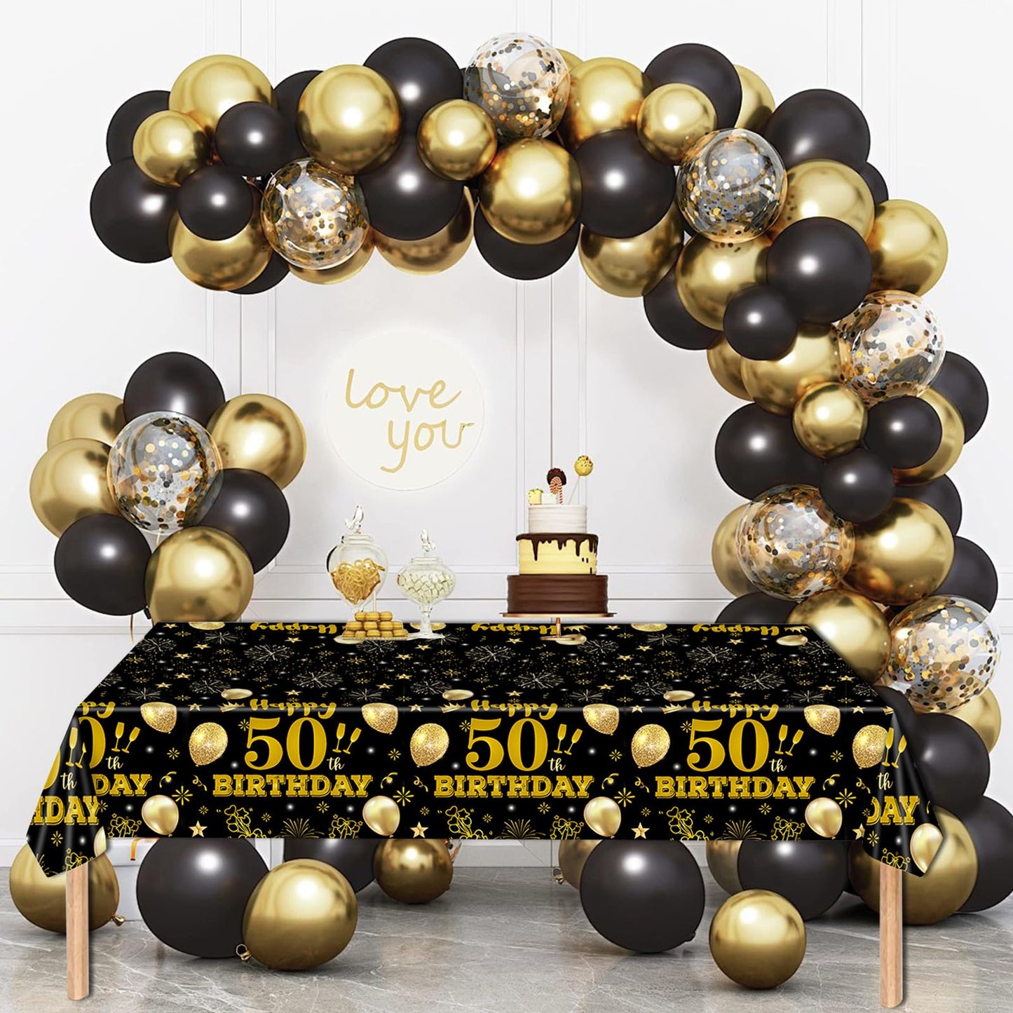 EVYIENEN 2 Pack 50th Birthday Tablecloth,Disposable Black Gold Plastic Waterproof Rectangular Table Covers for Christmas Party Decorations Men Women, 54 x 108 Inch
