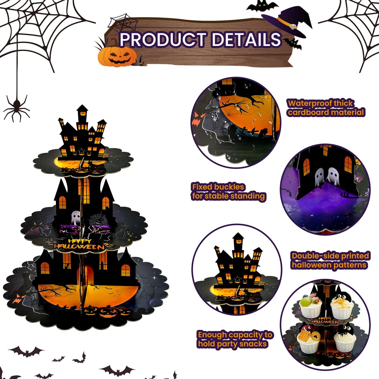 Halloween Cupcake Stand Supplies 3 Tier Cupcake Stand Cardboard Cake Stand Horror Theme Party Supplies Dessert Tower Holder for Halloween Table Decorations (Purple)