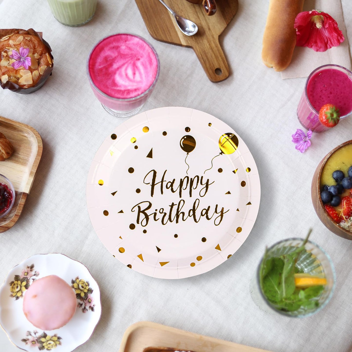 EVYIENEN Paper Plates, 50pcs Disposable Dessert Plates, White Gold Polka Dots, Biodegradable, Round, 7inch, for Birthday Decorations Party