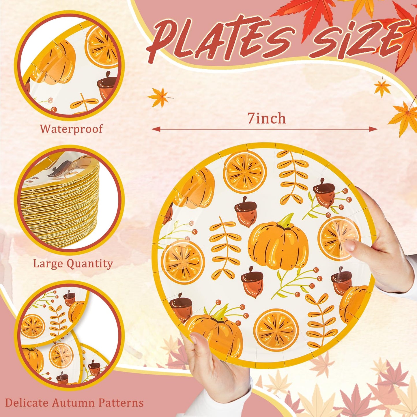 50 Pack Fall Paper Plates,7inch Disposable Fall Maple Leaf Paper Dinner Party Plates for Thanksgiving Pumpkins Birthday Holiday Family Gatherings Parties (Pumpkins)