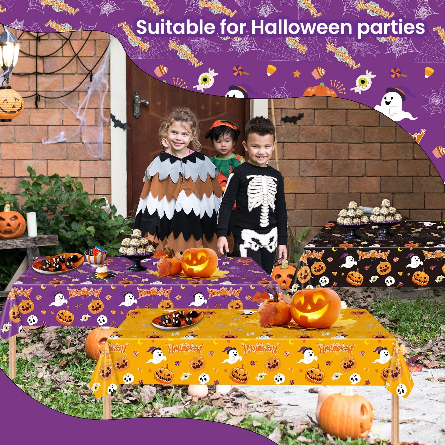 EVYIENEN 3 Pack Happy Halloween Tablecloth,Halloween Cute Pumpkin Ghost Plastic Table Cloth Waterproof Disposable Rectangular for Halloweens Party Picnic Dinner Decor