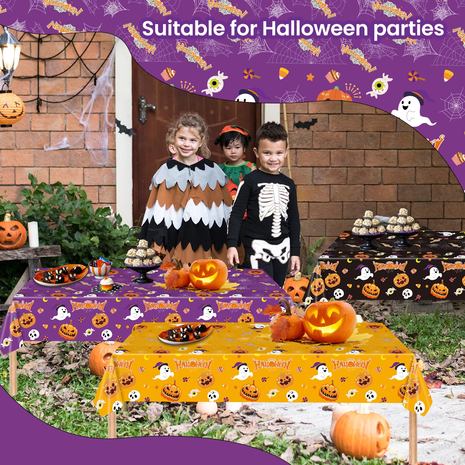 EVYIENEN 3 Pack Happy Halloween Tablecloth,Halloween Cute Pumpkin Ghost Plastic Table Cloth Waterproof Disposable Rectangular for Halloweens Party Picnic Dinner Decor