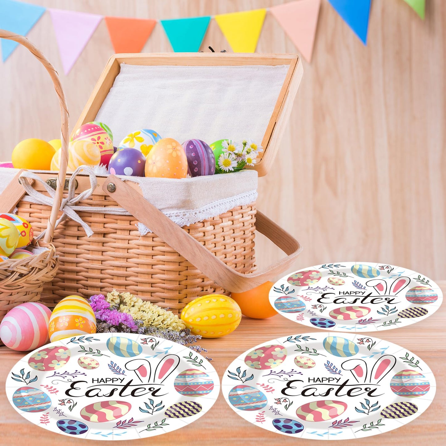 50PCS Happy Easter Bunny Paper Plates, 7-Inch Colorful Dessert Plates for Spring Parties & Table Decorations