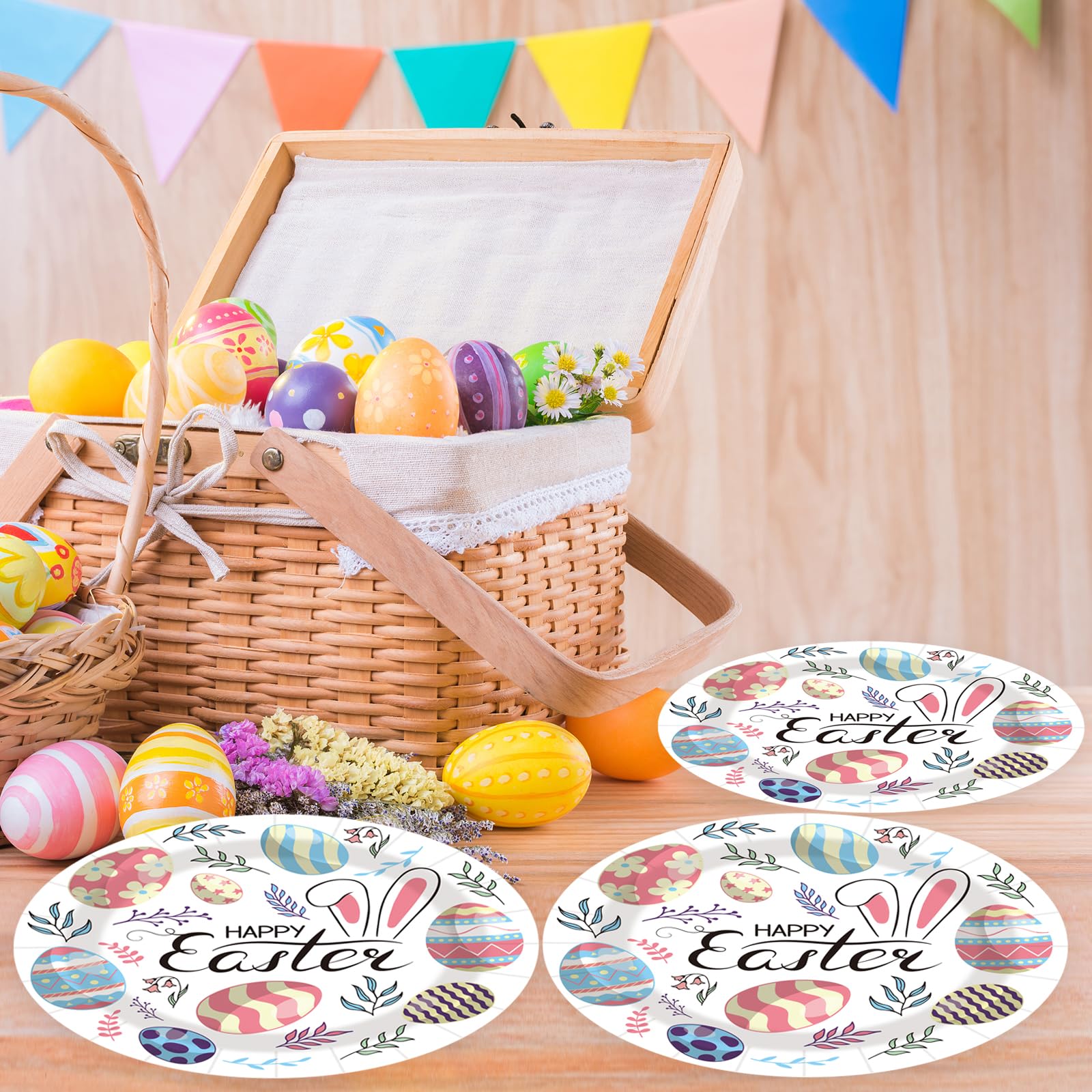 50PCS Happy Easter Bunny Paper Plates, 7-Inch Colorful Dessert Plates for Spring Parties & Table Decorations