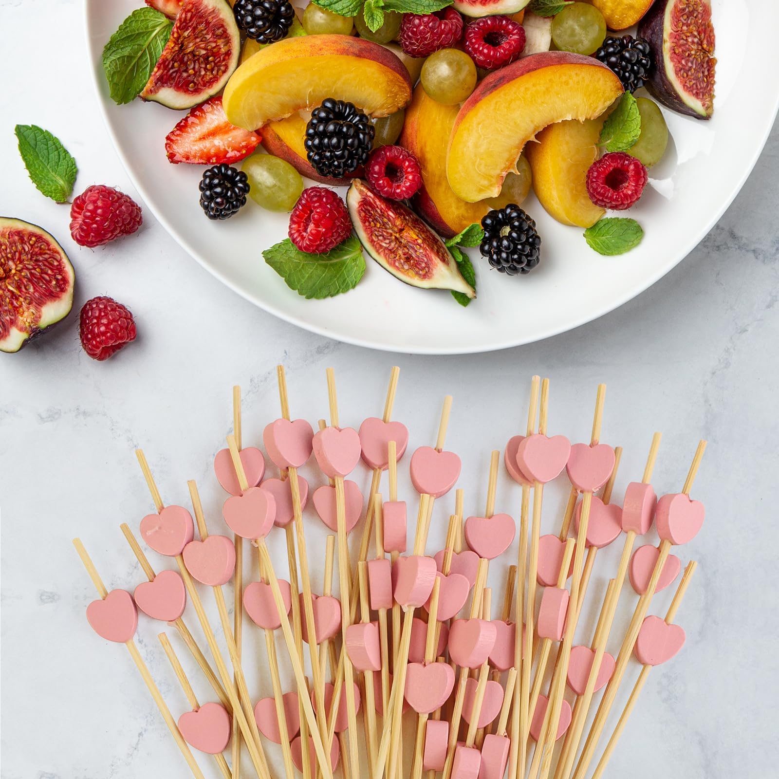 100 Counts Pink Heart Cocktail Picks，4.7 Inch Handmade Bamboo Cocktail Toothpicks for,Birthday,Wedding, Day Decoration Party Supplies