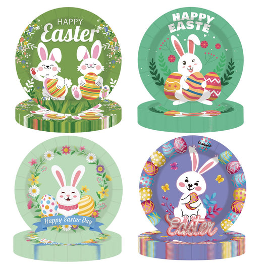 EVYIENEN 48 pcs Happy Easter Paper Plates,7Inch Dessert Plates Decorative Spring Bunny Egg Dinnerware Tableware for Easter Kids Adult Party Supplies Decorations(4 Designs)