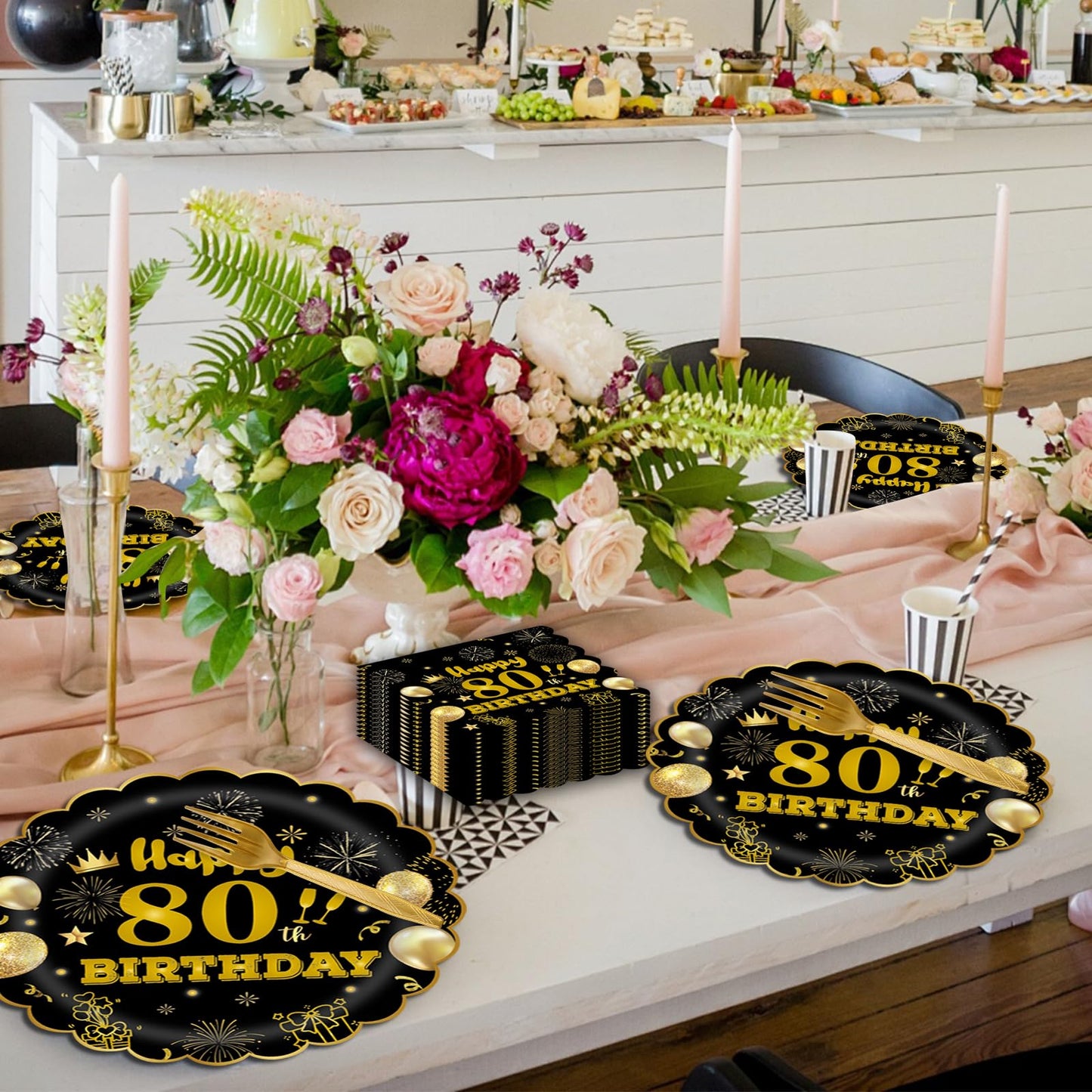 EVYIENEN 96Pcs 80th Birthday Party Tableware Set,Back in 1965 Birthday Party Decorations Supplies, Disposable Black and Gold 80th Birthdays Paper Plates Napkins Forks Favors for Men Women, Serve 24