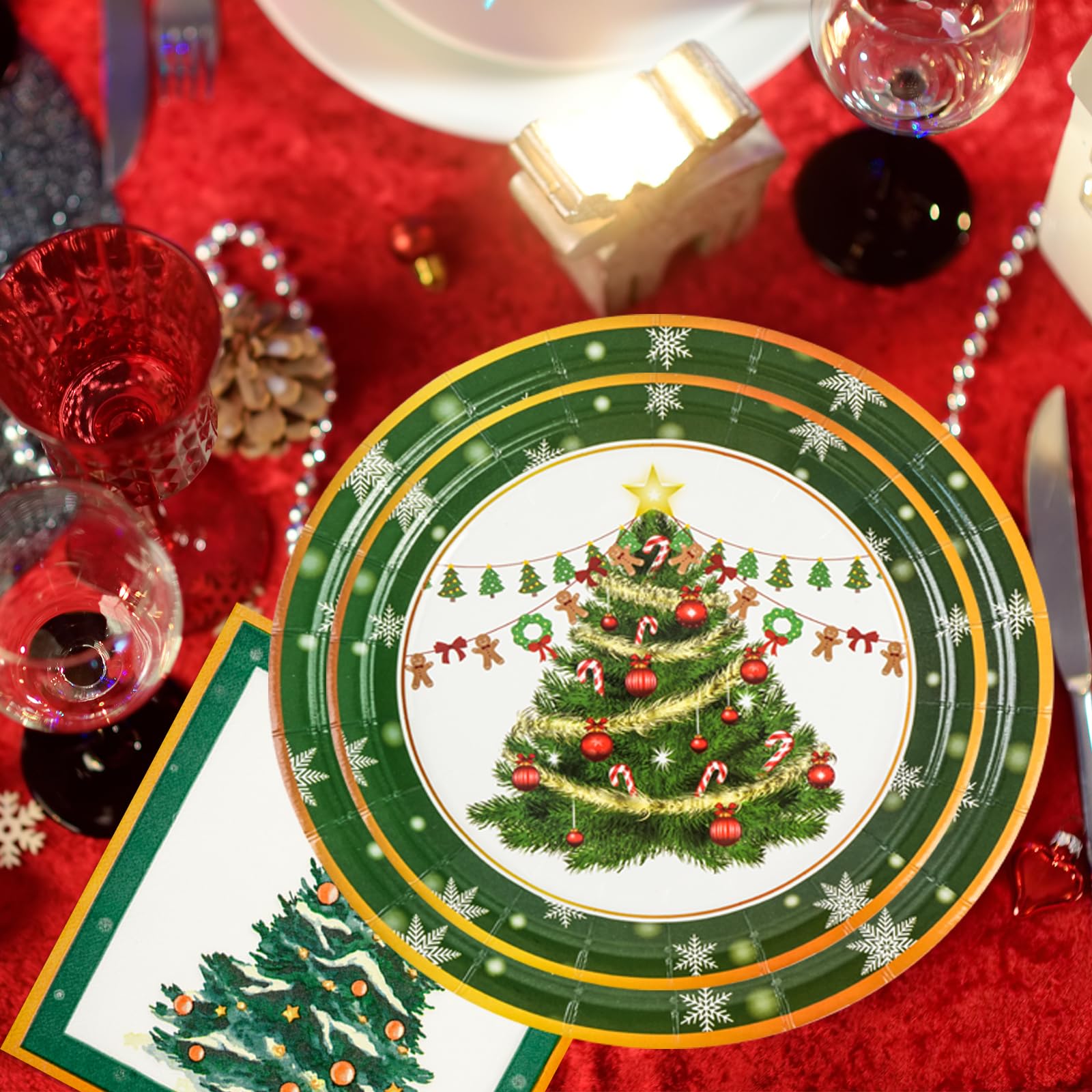EVYIENEN 150 Pcs Christmas Plates and Napkins,Christmas Tree Party Supplies Merry Christma Disposable Paper Plates Napkins Dinnerware Set for Holiday Party Table Supplies