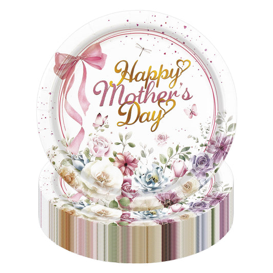 EVYIENEN 50PCS Happy Mother's Day Paper Plates - Colorful Wildflowers 7Inch Dessert Plates, Disposable Floral Theme Dinner Decorations for Mother's Day Birthday Party Supplies