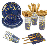168PCS Blue and Gold Party Supplies,Disposable Party Decorations Paper Plates Napkins Cups Plastic Forks Knives Spoons for Birthday New Year Wedding,Serve 24