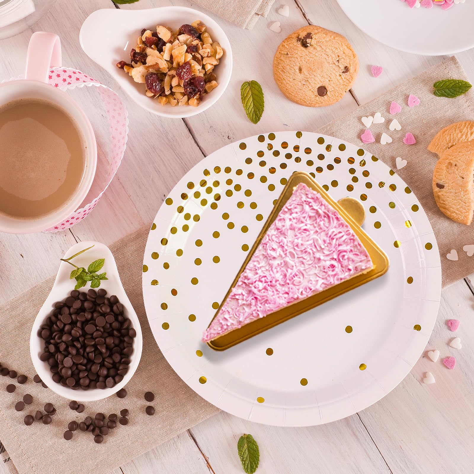 50Pcs White and Gold Dinner Plates and Napkins, 9 Inch Gold Foil Dot Dessert Plates with Napkins for Birthdays, Weddings and New Year, Serves 25