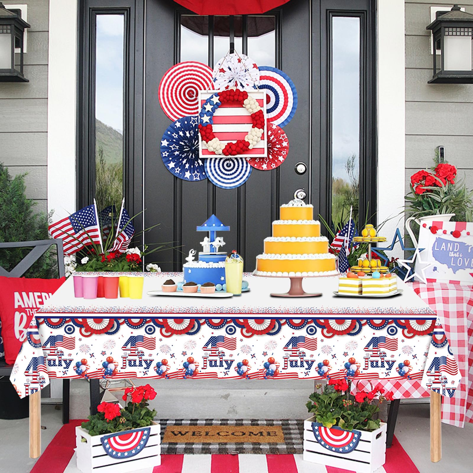 1 Pack 4th of July Tablecloth Plastic, 54x108 inch American Flag Theme Rectangle Plastic Table Cover Disposable Waterproof Tablecloth fo Independence Memorial Veterans Day Party Supplies