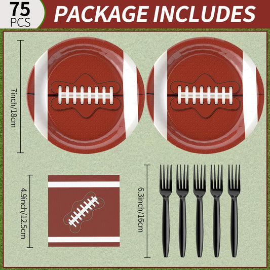 75Pcs Football Paper Plates and Napkins Party Supplies, 7 Inch Disposable Tableware Set with Forks, Sports Birthday Party Dinnerware, Serves 25 Guests