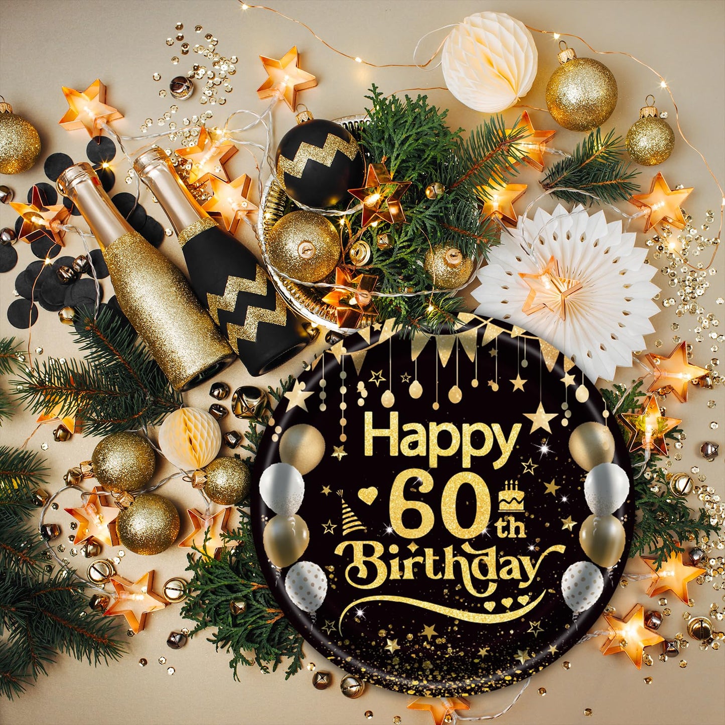 50Pcs 60th Birthday Paper Plates, 9 Inch Black and Gold Disposable Dessert Plates for Men and Women, 60th Birthday and Wedding Party