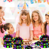 EVYIENEN 75Pcs Neon Birthday Plates and Napkins Party Supplies,7 Inch Neon Paper Plates and 6.5 Inch Napkins with 6.3 Inch Forks Disposable Tableware Set for Birthday Party Decorations,Serve 25