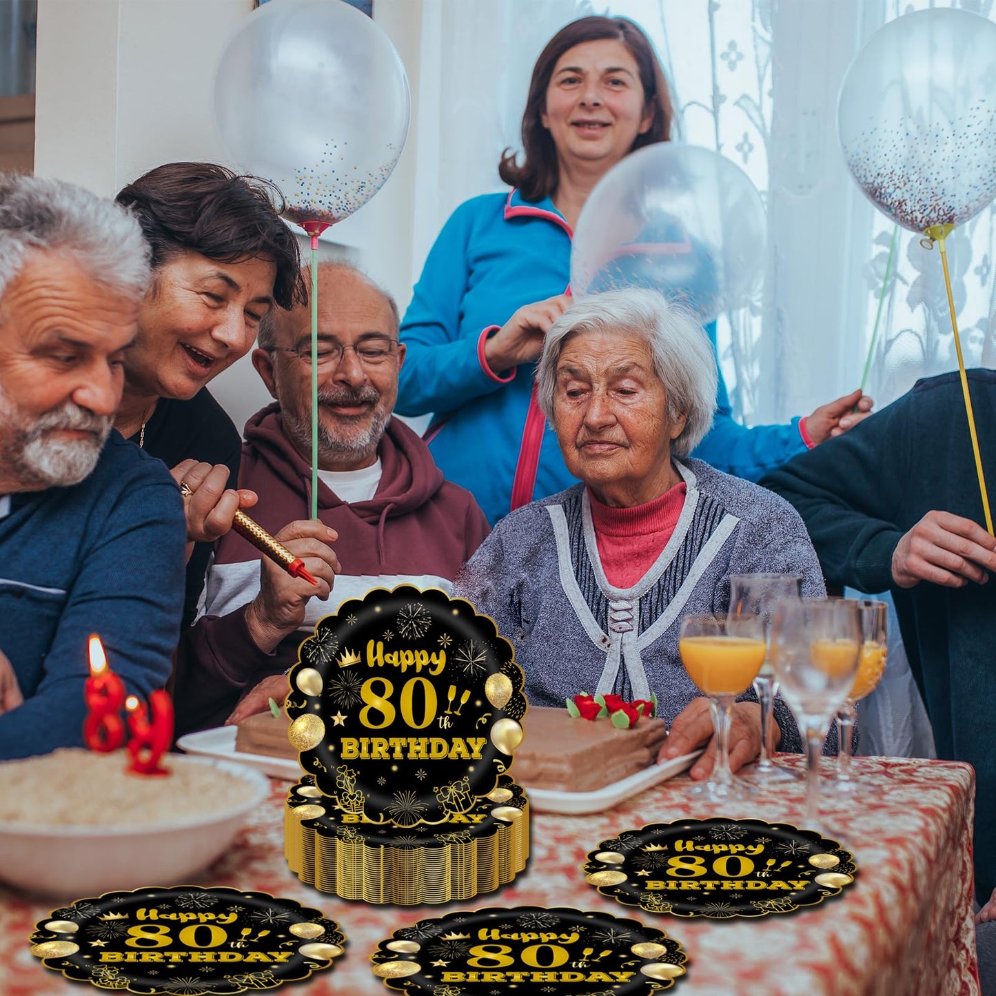 EVYIENEN 50Pcs 80th Birthday Party Paper Plates,7inch Disposable Black and Gold Scalloped Dessert Party Plates for Birthday Wedding Anniversary Reception Event Decorations