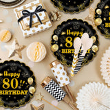 EVYIENEN 50Pcs 80th Birthday Party Paper Plates,7inch Disposable Black and Gold Scalloped Dessert Party Plates for Birthday Wedding Anniversary Reception Event Decorations