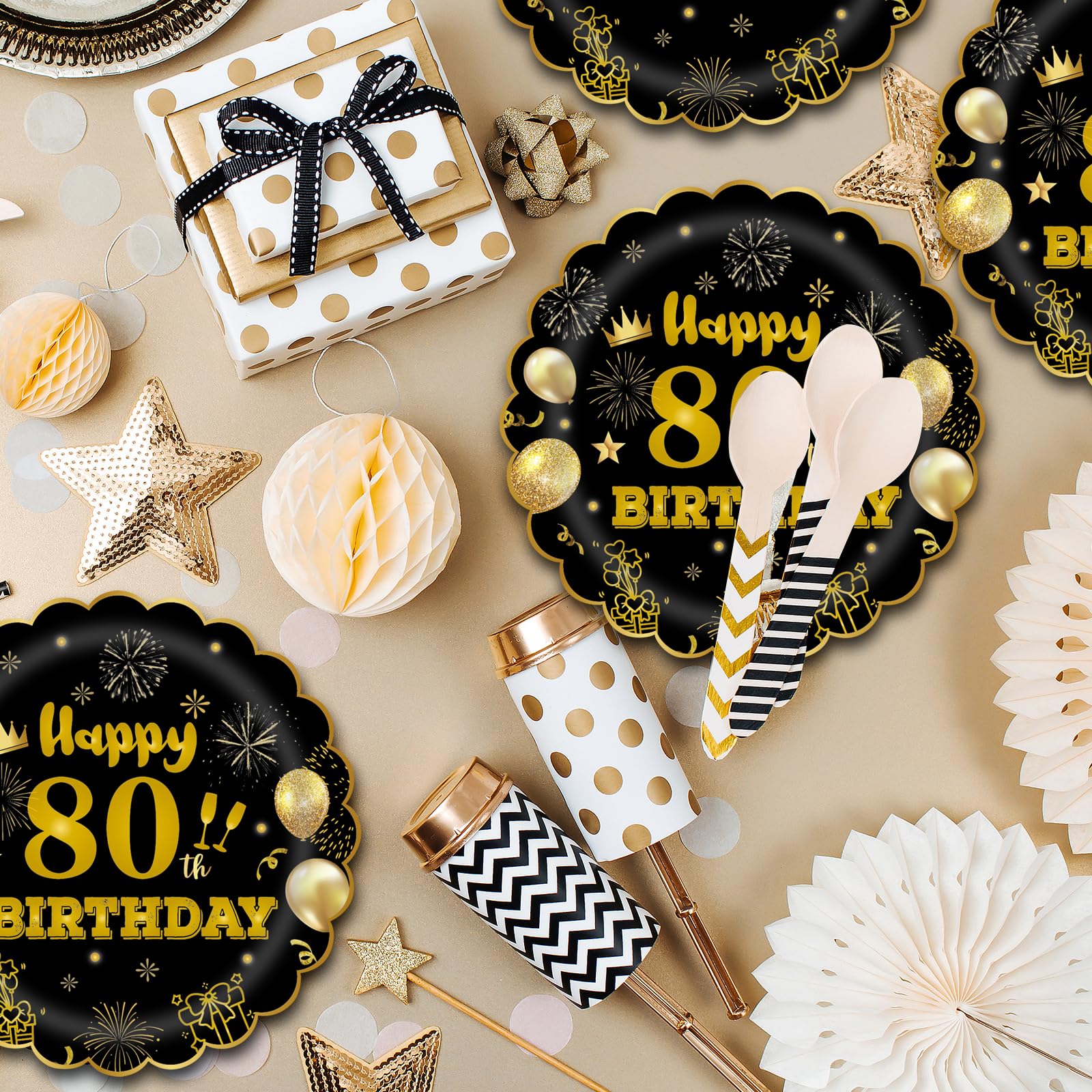 EVYIENEN 50Pcs 80th Birthday Party Paper Plates,7inch Disposable Black and Gold Scalloped Dessert Party Plates for Birthday Wedding Anniversary Reception Event Decorations