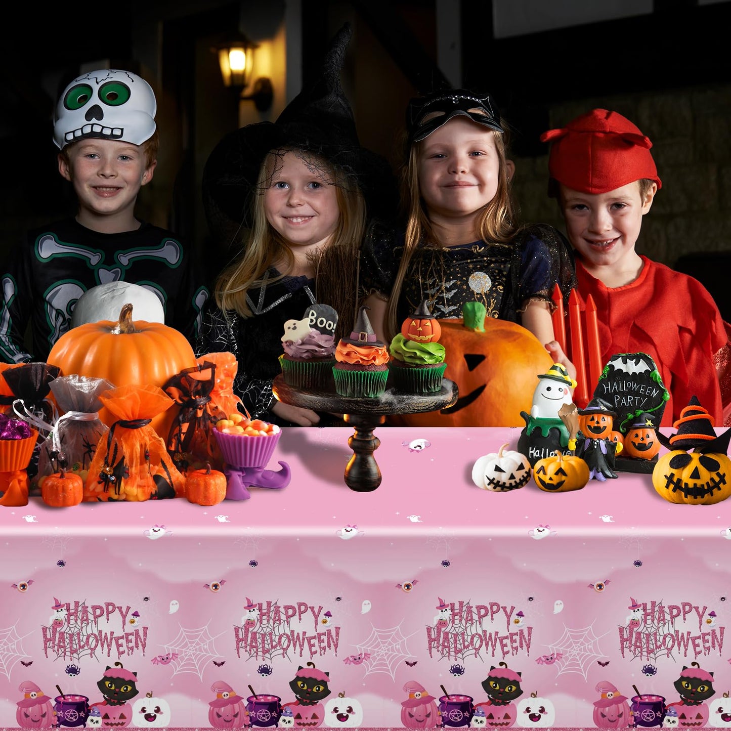108×54Inch Halloween Tablecloth, Halloween Decorations Indoor Outdoor Happy Boo Pumpkin Bat Skeleton Candy Disposable Plastic Waterproof Tablecover for Table Decor Backdrop Banner Party Supplies
