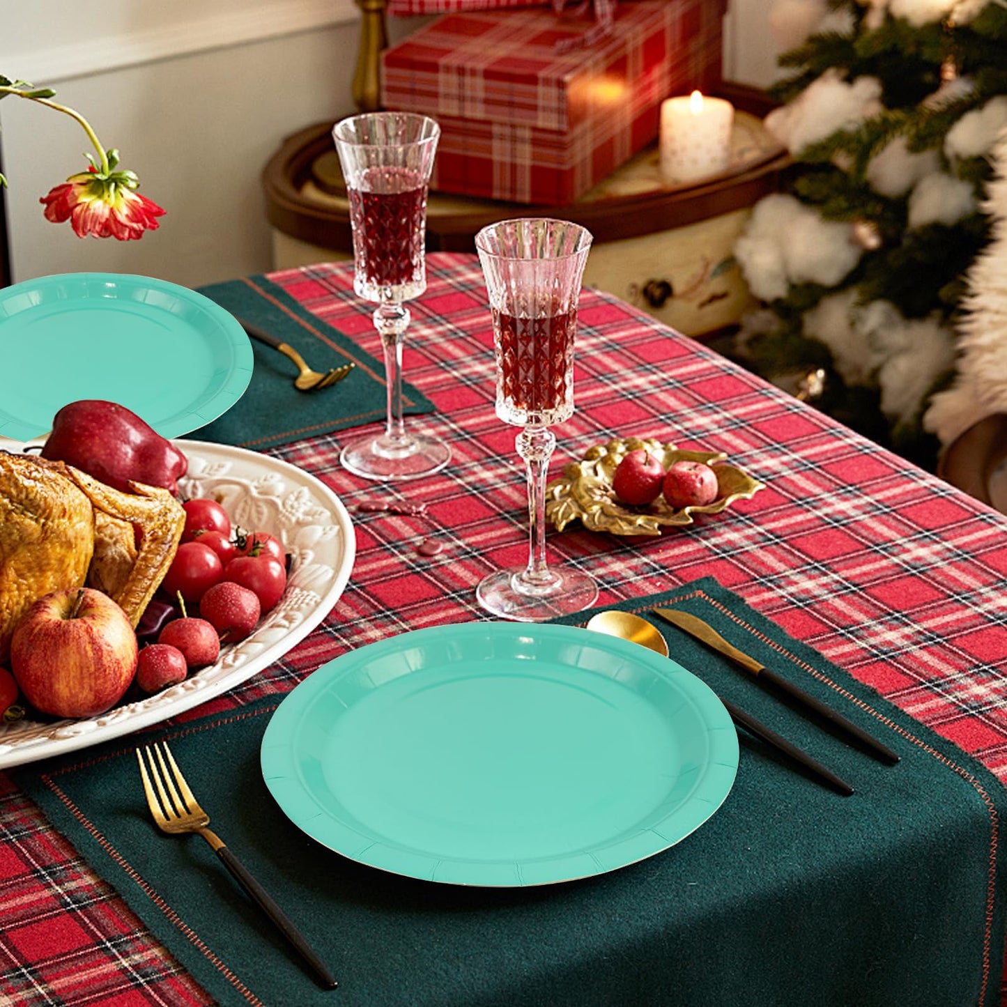75Pcs Red Paper Plates and Napkins Set with Gold Forks, Disposable Party Tableware for Birthday and Wedding, Serves 25