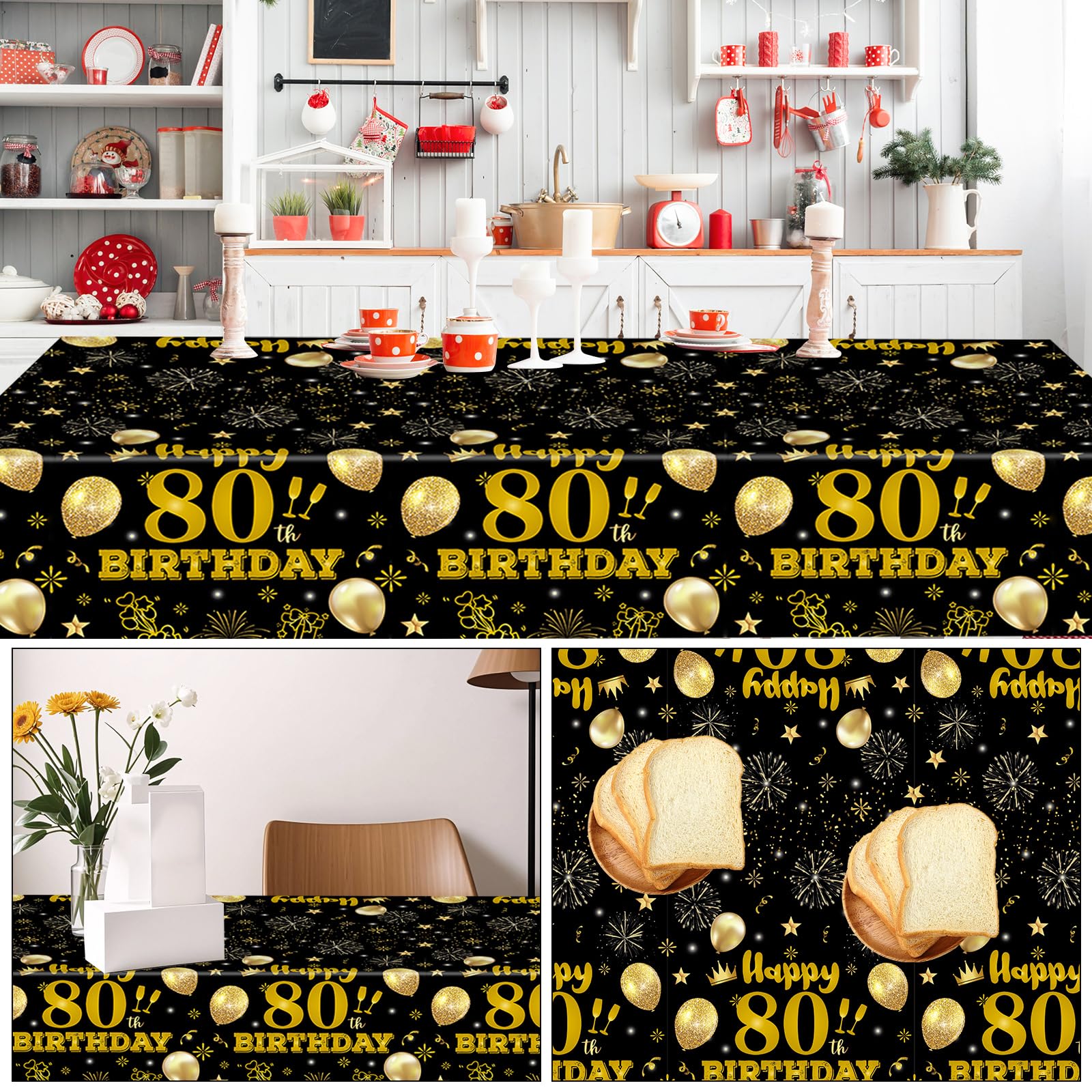 EVYIENEN 2 Pack 80th Birthday Tablecloths,54 x 108 inch Disposable Black and Gold Plastic Waterproof Rectangular Table Covers for Men’s Christmas Party Decorations