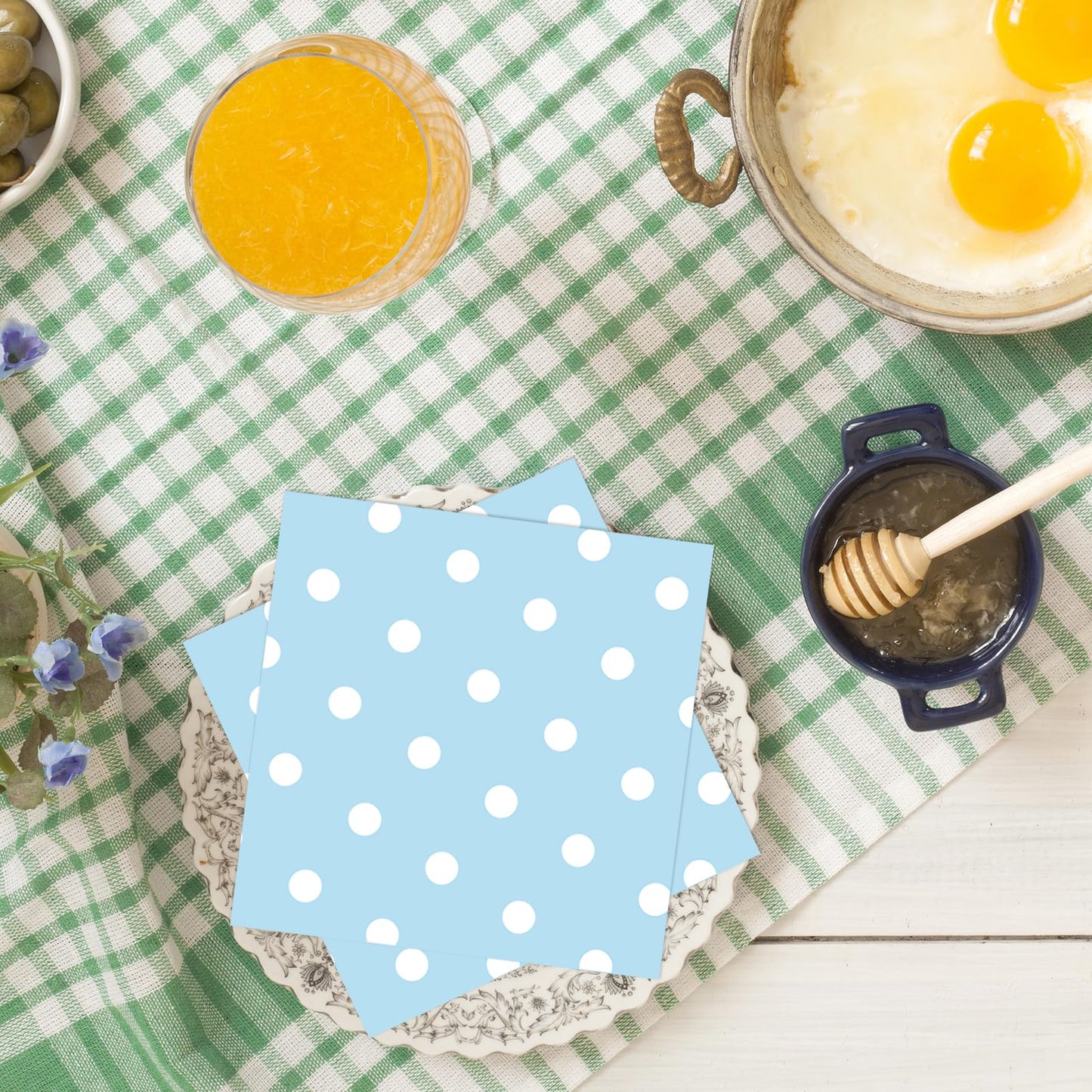 50pcs White Polka Dot Blue Napkins, Disposable 2-Ply Cocktail & Happy Birthday Napkins, Polka Dot Party Decorations for Wedding Baby Shower Birthday Bridal Party