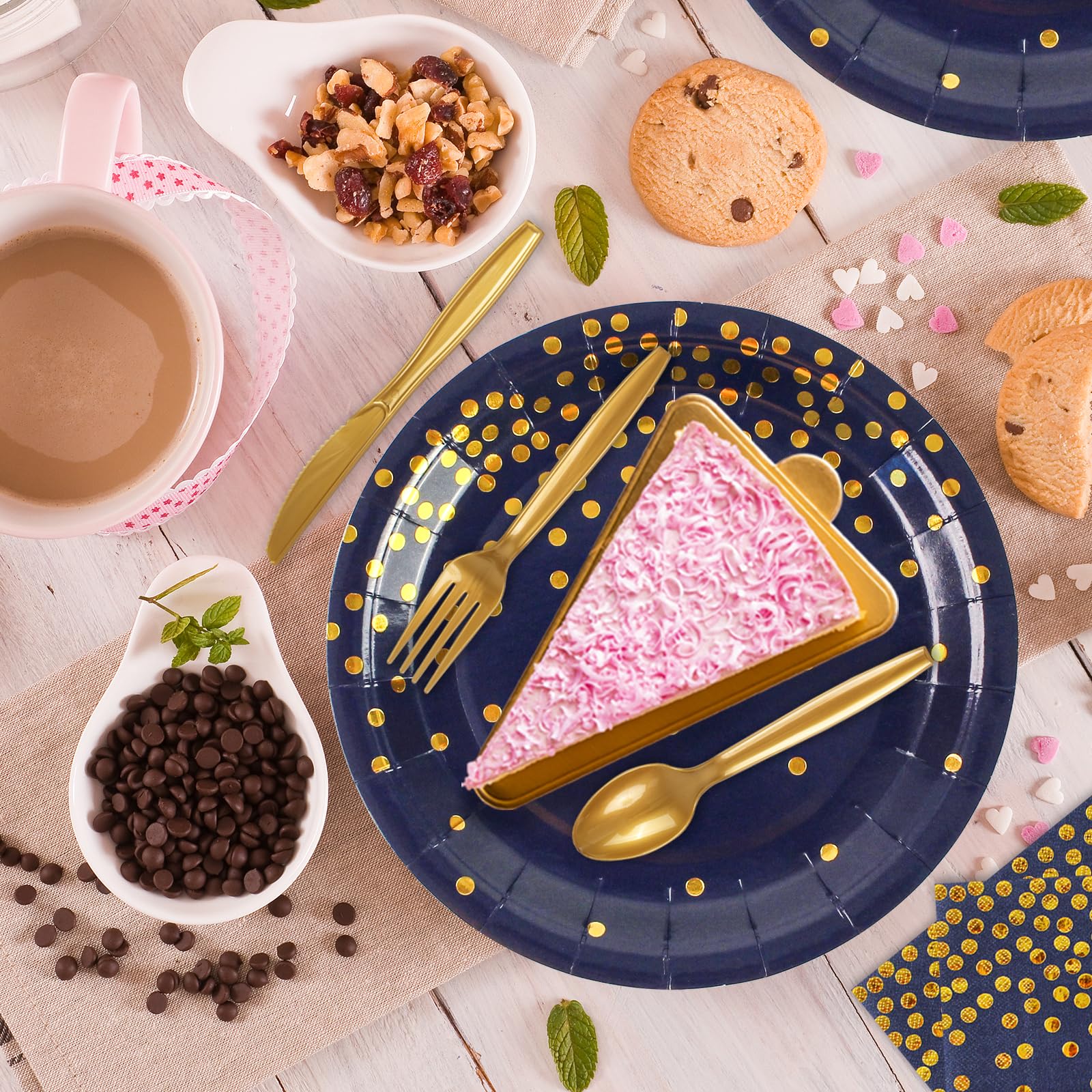 168PCS Blue and Gold Party Supplies,Disposable Party Decorations Paper Plates Napkins Cups Plastic Forks Knives Spoons for Birthday New Year Wedding,Serve 24