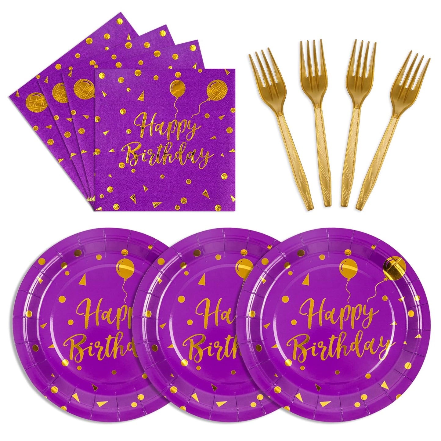 75Pcs Happy Birthday Purple Glod Paper Plates and Napkins Party Supplies Set,Purple Disposable Plates Party Supplies Includes Paper Napkins Forks Decorations for Birthday,Wedding,Christmas,Serves 25