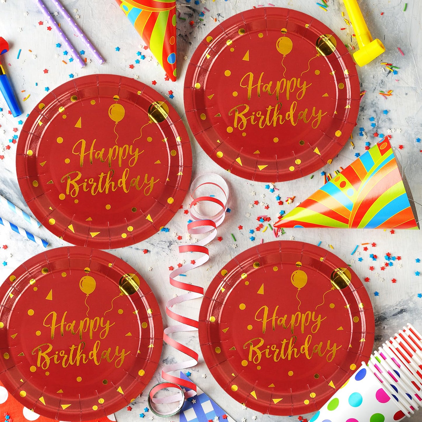 EVYIENEN 50PCS Happy Birthday Red and Gold Paper Plates, 9 inch Metallic Foil Polka Dots Disposable Dessert Party Plates Party Supplies for Graduation Birthday Cocktail Weddings Holiday