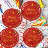 EVYIENEN 50PCS Happy Birthday Red and Gold Paper Plates, 9 inch Metallic Foil Polka Dots Disposable Dessert Party Plates Party Supplies for Graduation Birthday Cocktail Weddings Holiday