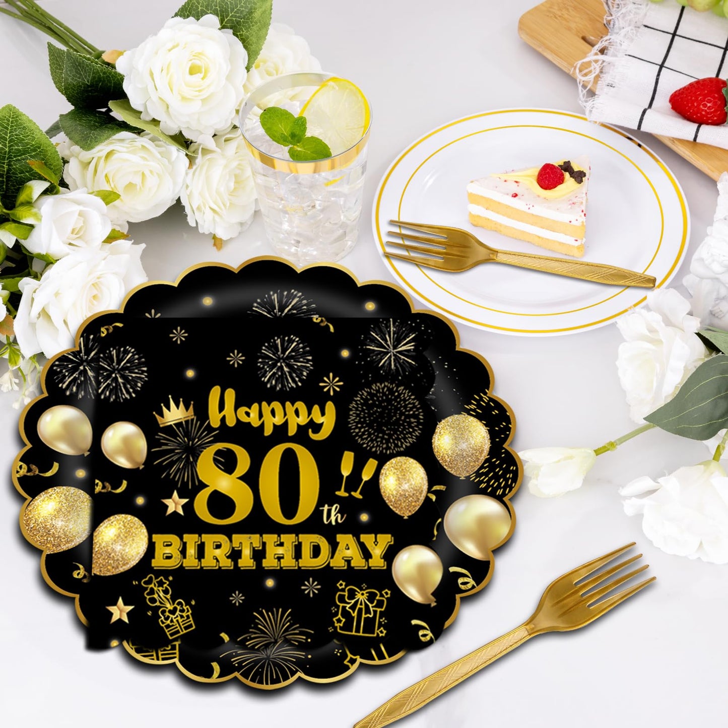 EVYIENEN 75 PCS 80th Birthday Party Supplies Paper Plates and Napkins, Black and Gold 80th Birthday Plates Napkins Tableware Set for Boys Men Tableware Set Decorations