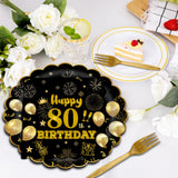 EVYIENEN 75 PCS 80th Birthday Party Supplies Paper Plates and Napkins, Black and Gold 80th Birthday Plates Napkins Tableware Set for Boys Men Tableware Set Decorations