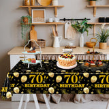EVYIENEN 2 Pack 70th Birthday Tablecloth,Disposable Black Gold Plastic Waterproof Rectangular Table Covers for Christmas Party Decorations Men Women, 54 x 108 Inch