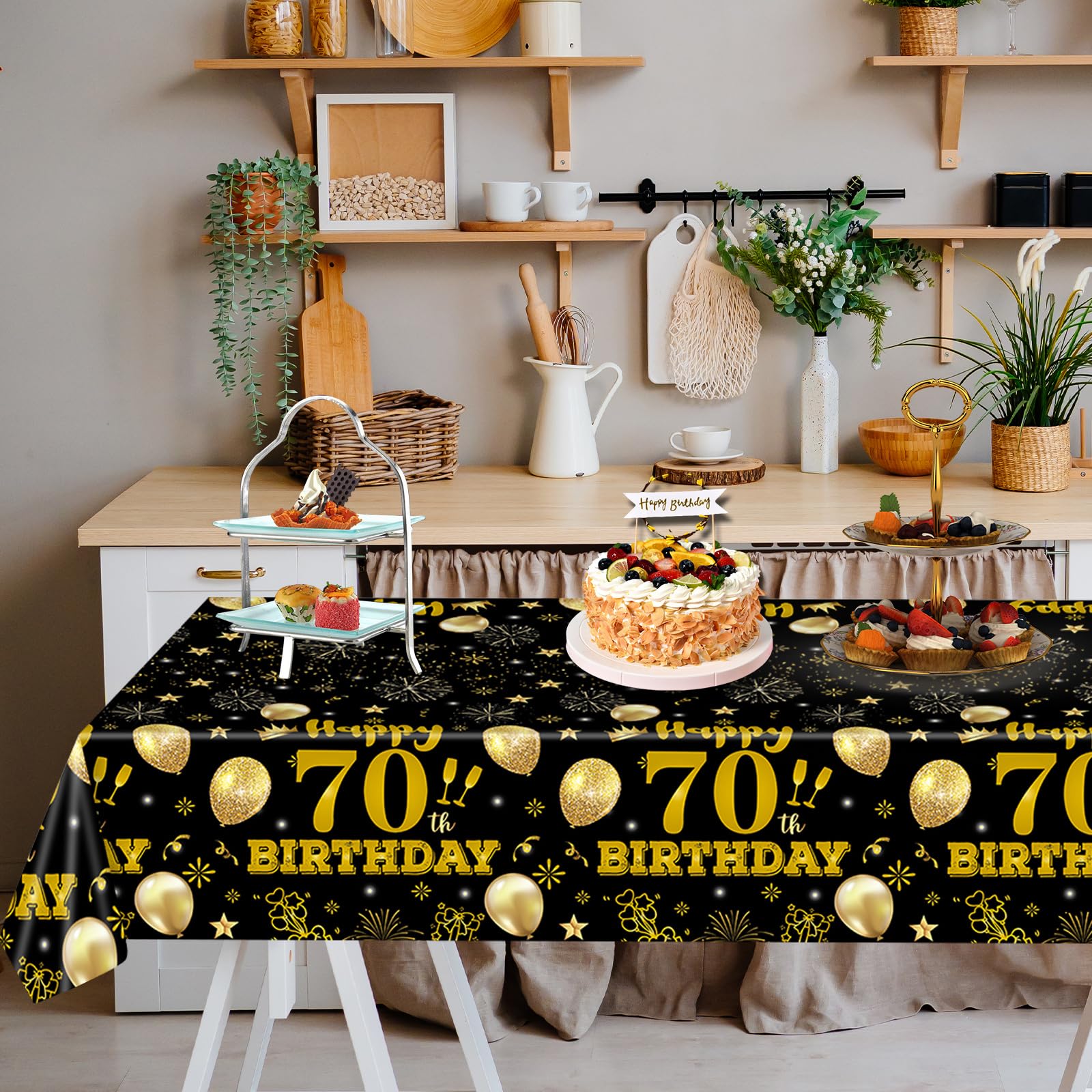 EVYIENEN 2 Pack 70th Birthday Tablecloth,Disposable Black Gold Plastic Waterproof Rectangular Table Covers for Christmas Party Decorations Men Women, 54 x 108 Inch