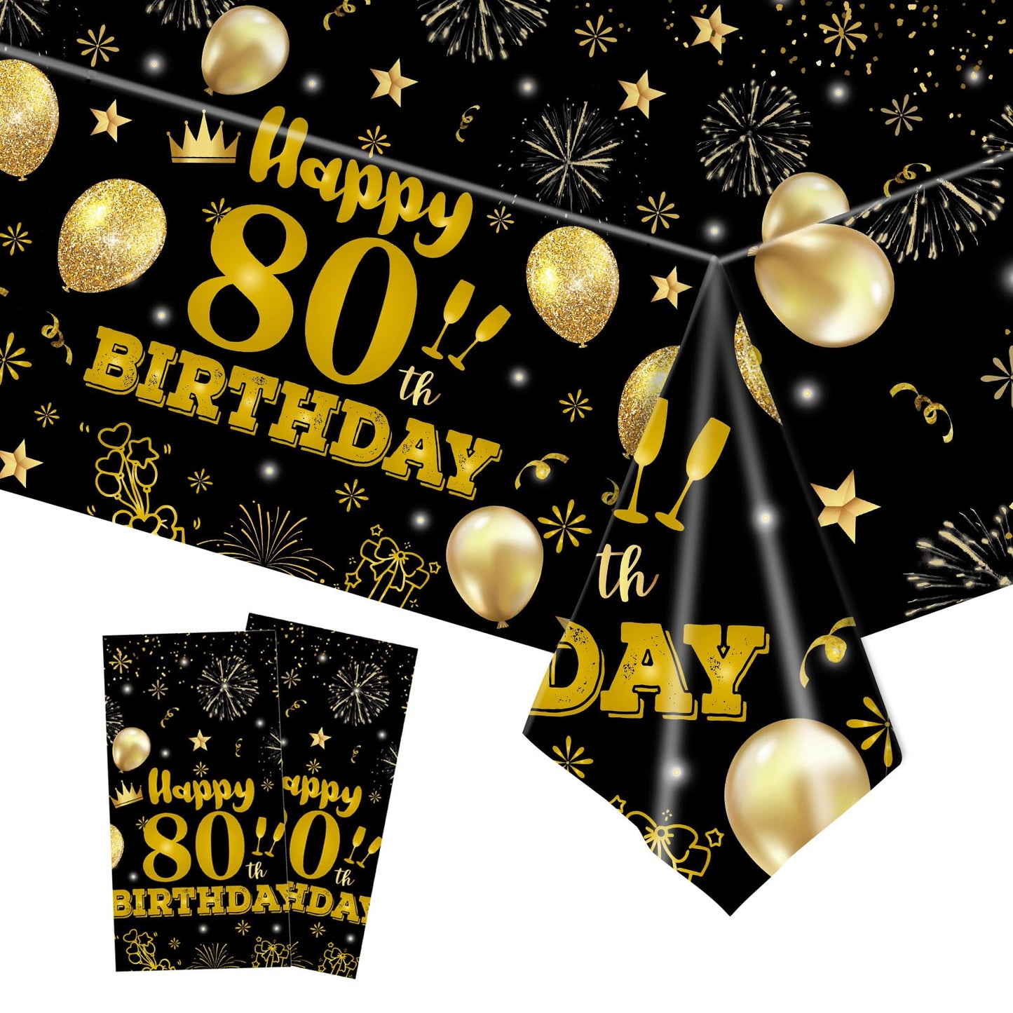 EVYIENEN 2 Pack 80th Birthday Tablecloths,54 x 108 inch Disposable Black and Gold Plastic Waterproof Rectangular Table Covers for Men’s Christmas Party Decorations
