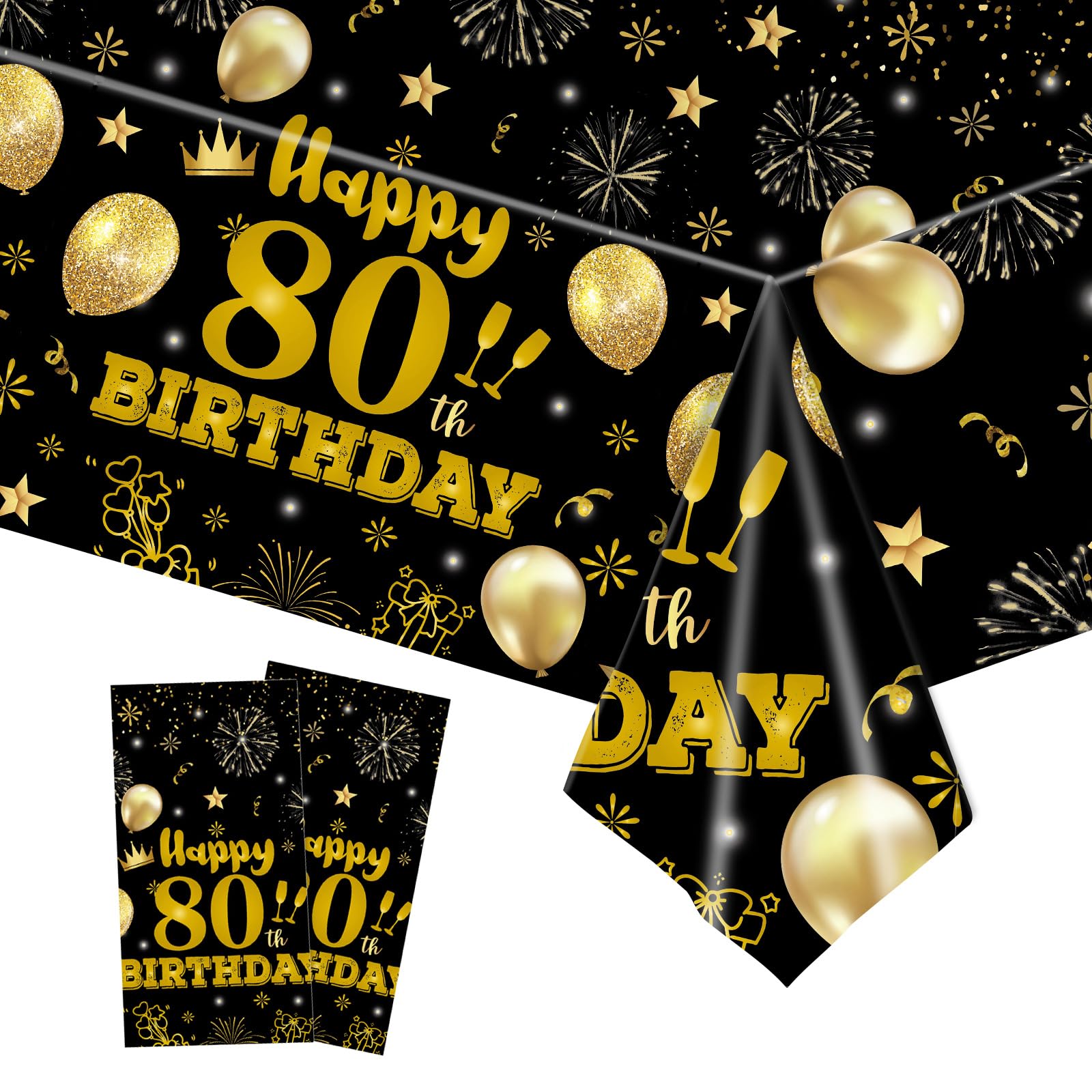 EVYIENEN 2 Pack 80th Birthday Tablecloths,54 x 108 inch Disposable Black and Gold Plastic Waterproof Rectangular Table Covers for Men’s Christmas Party Decorations