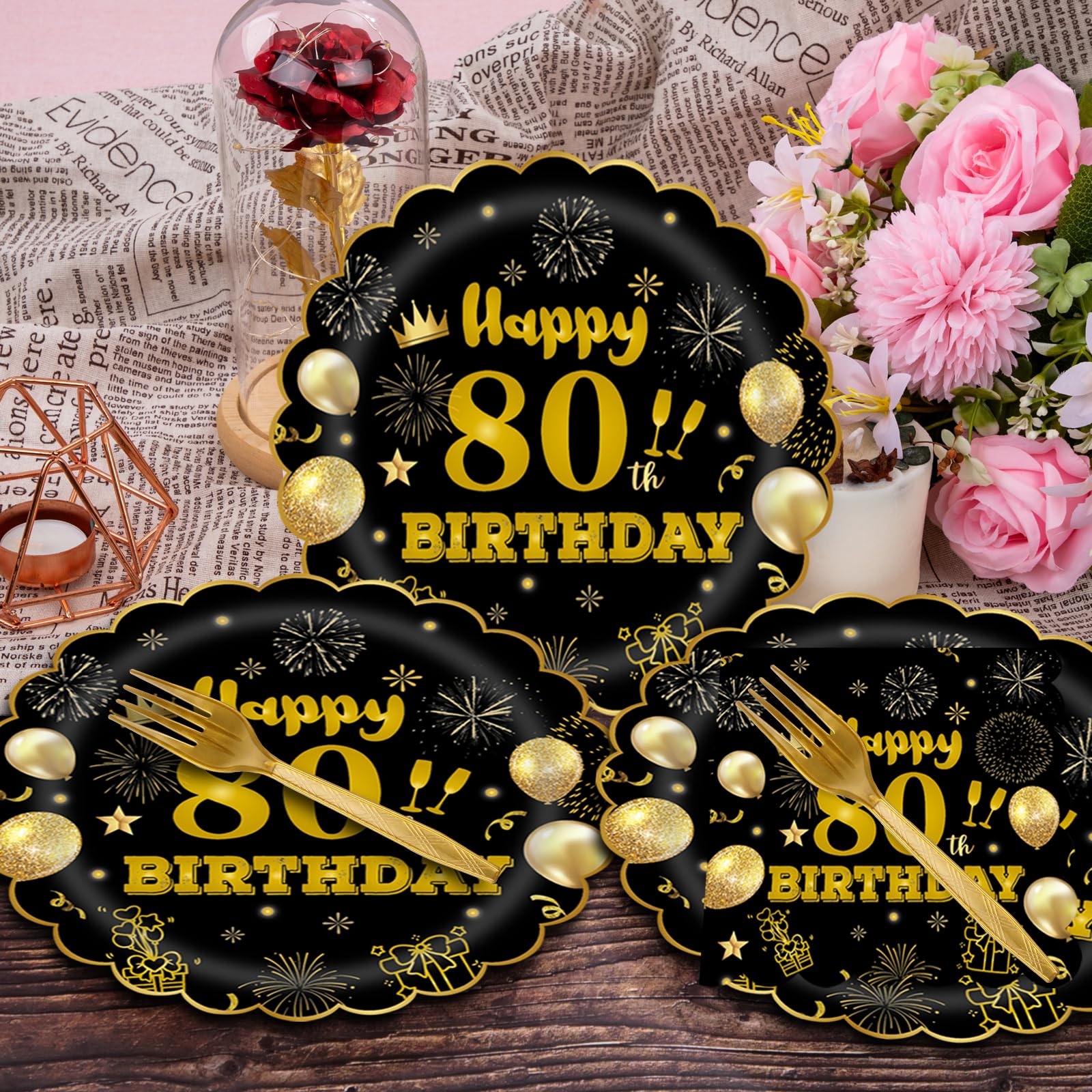 EVYIENEN 96Pcs 80th Birthday Party Tableware Set,Back in 1965 Birthday Party Decorations Supplies, Disposable Black and Gold 80th Birthdays Paper Plates Napkins Forks Favors for Men Women, Serve 24