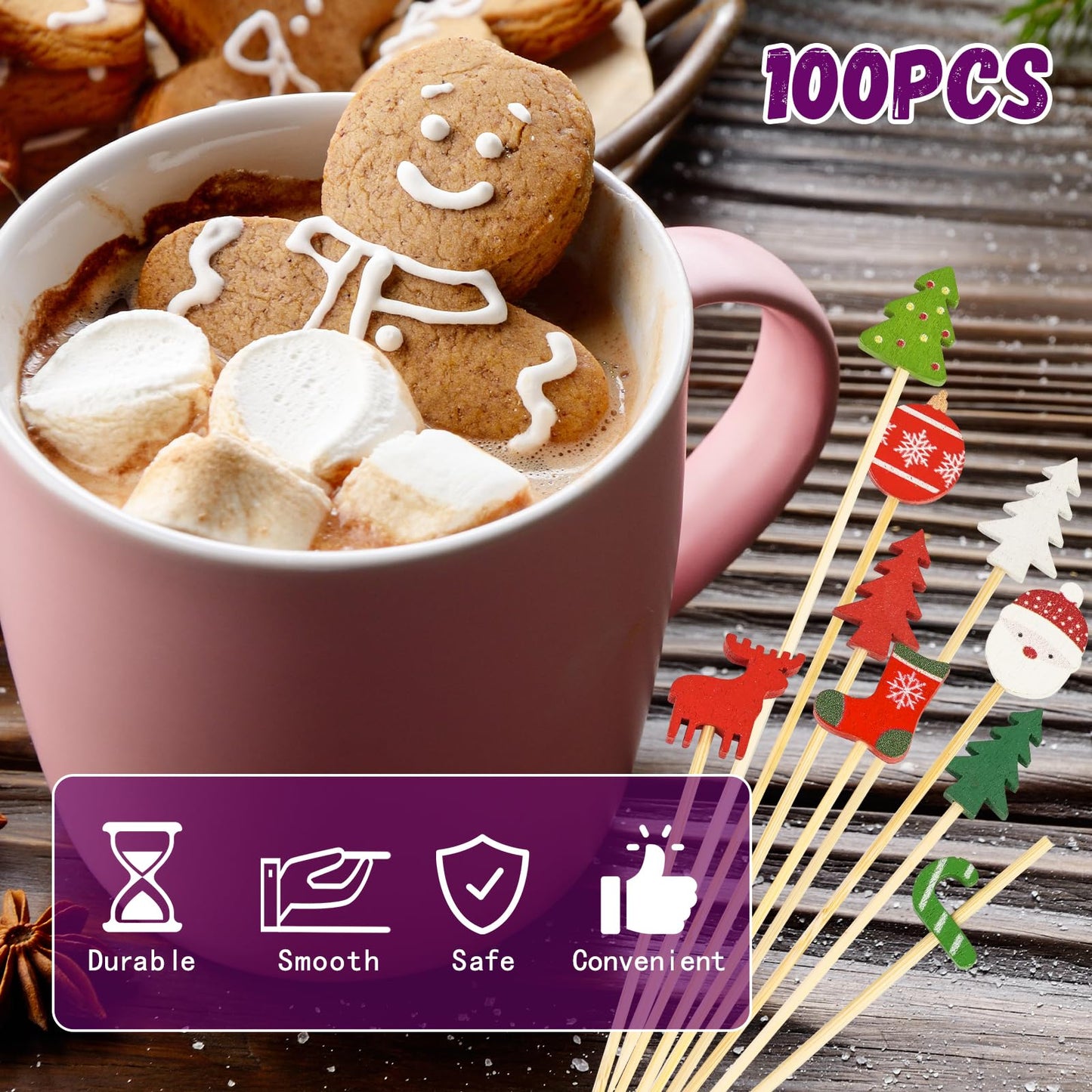100 Pcs Christmas Cocktail Picks,4.7inch Santa Claus Snowflake Bamboo Stir Sticks Appetizer ToothPicks Decorative for Fruit Drink Food Birthday Christmas Party Supplies