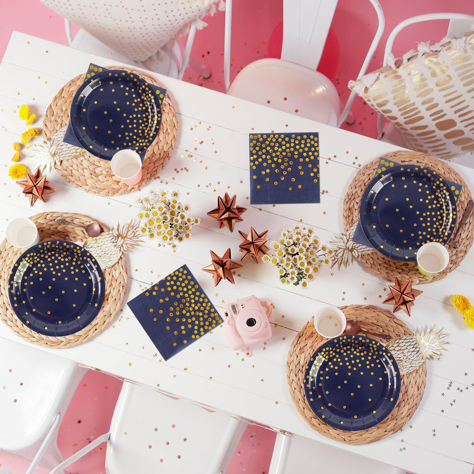 50Pcs Dark Blue and Gold Dinner Plates and Napkins, 9 Inch Gold Foil Dot Dessert Plates with Napkins for Birthdays, Weddings and New Year, Serves 25