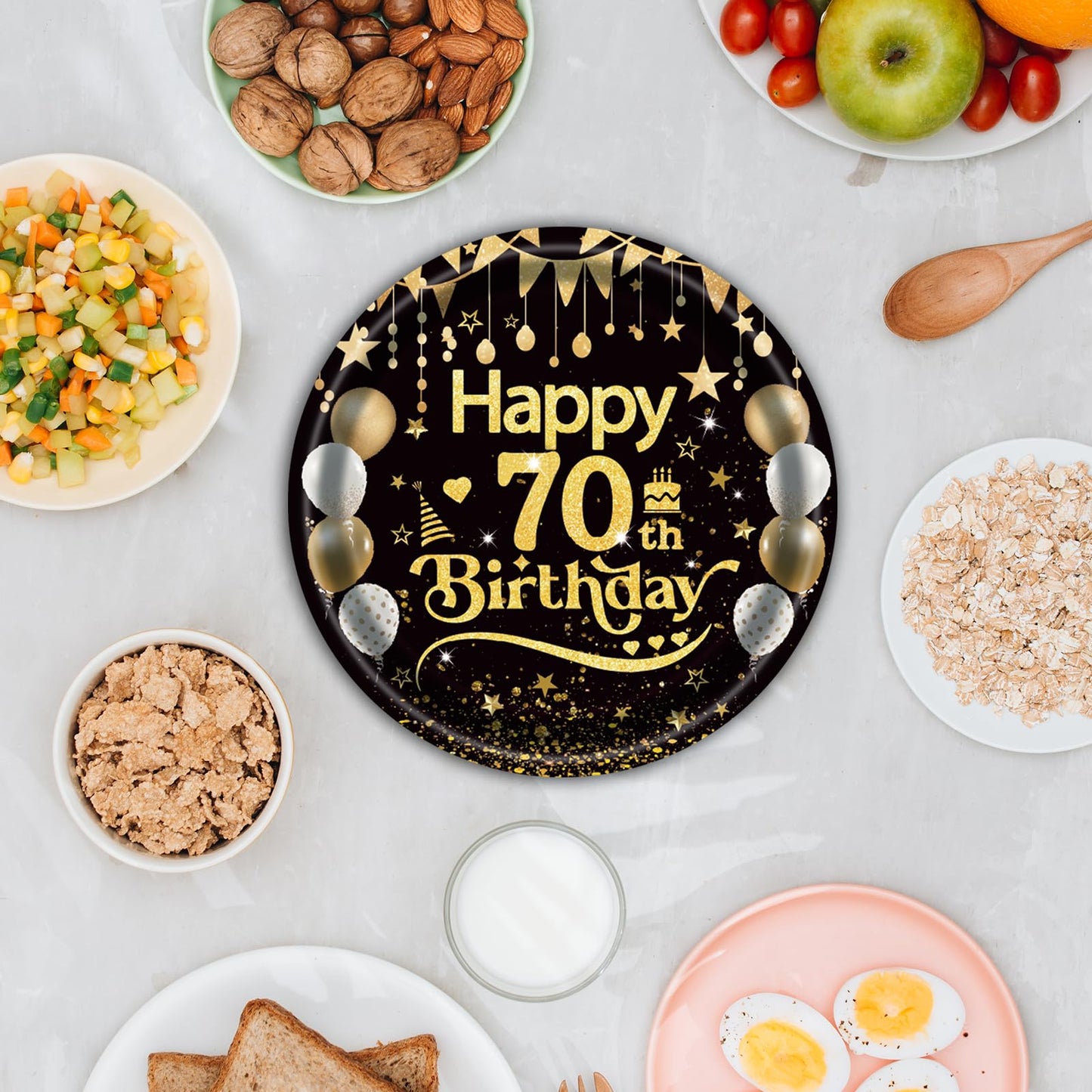 50Pcs 70th Birthday Paper Plates, 9 Inch Black and Gold Disposable Dessert Plates for Men and Women, 70th Birthday and Wedding Party