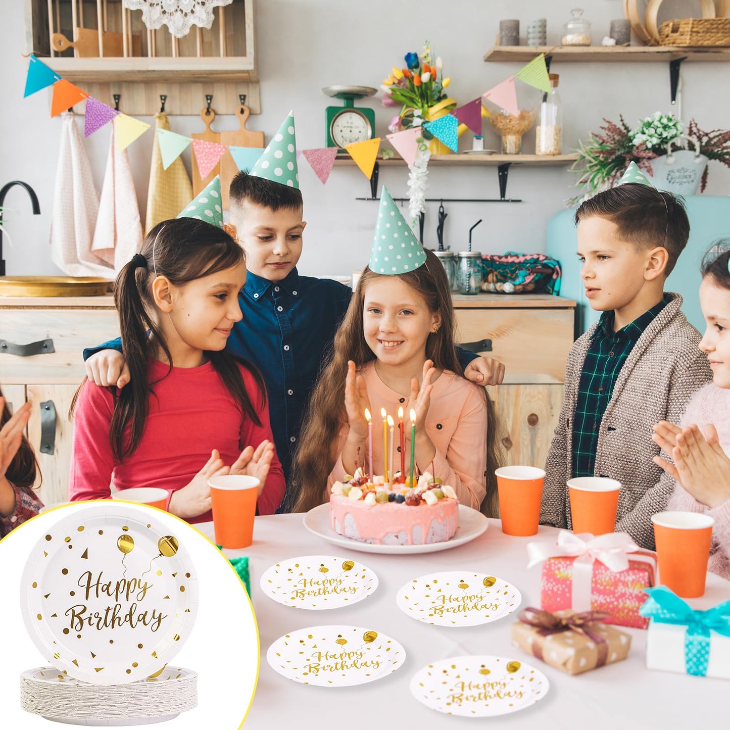 EVYIENEN Paper Plates, 50pcs Disposable Dessert Plates, White Gold Polka Dots, Biodegradable, Round, 7inch, for Birthday Decorations Party