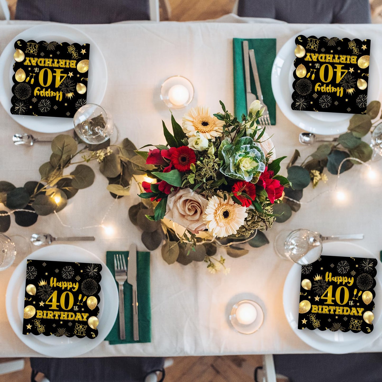 40pcs 70th Birthday Paper Napkins,13 x 13 inch Black and Gold Scalloped Dessert Cocktail Napkins Disposable Party Men Women Napkins 70th Birthday Decorations