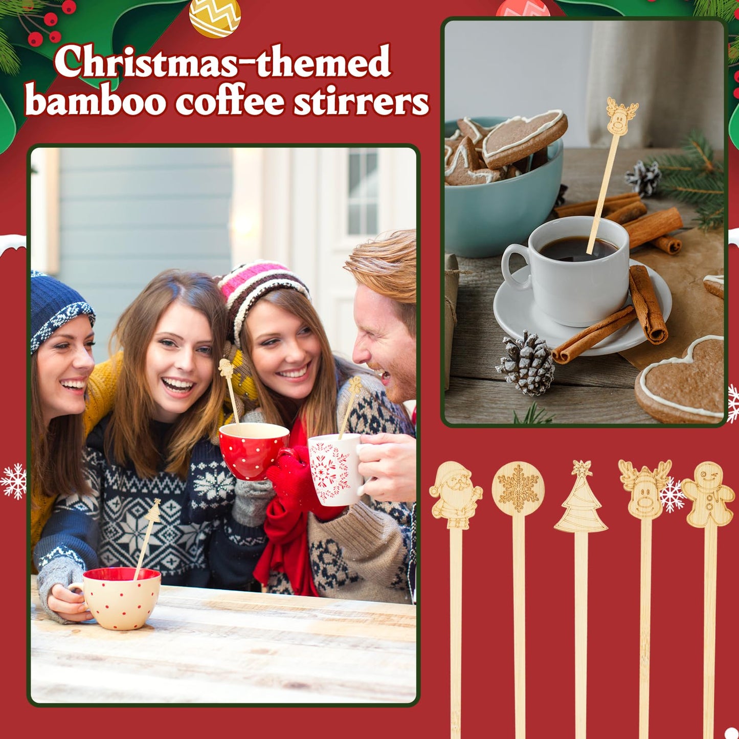 50PCS Bamboo Coffee Stirrers, 7 inch Biodegradable Disposable Christmas Coffee stirrers for Coffee Milk Christmas New Year Office Hot Chocolate Bar Supplies