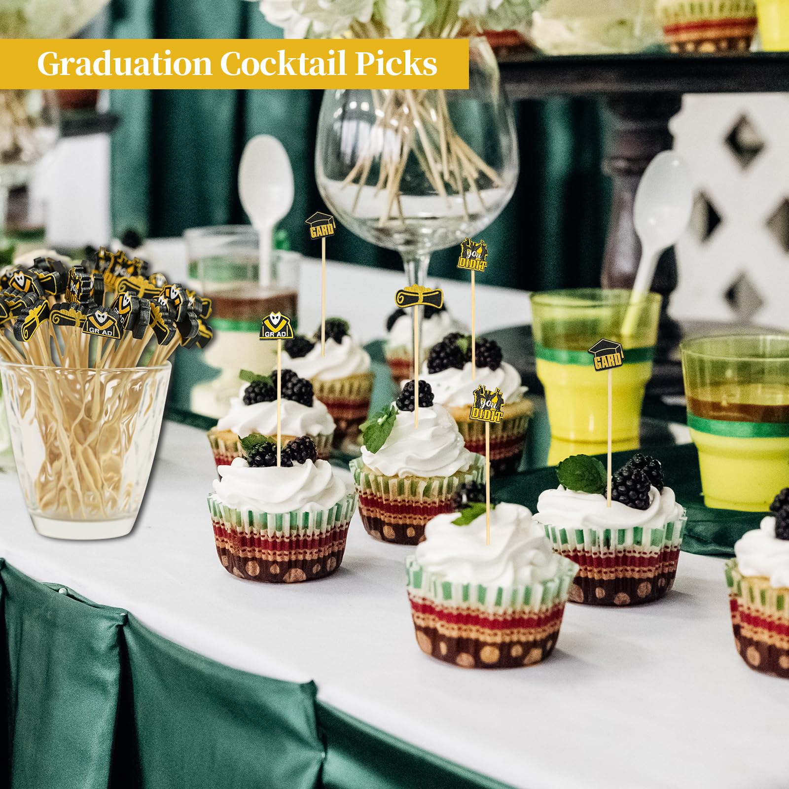 120Pcs Graduation Cocktail Picks,4.7inch Bachelor Hat Cocktail Toothpicks Bamboo Appetizers Food Picks for Graduation Party Supplies